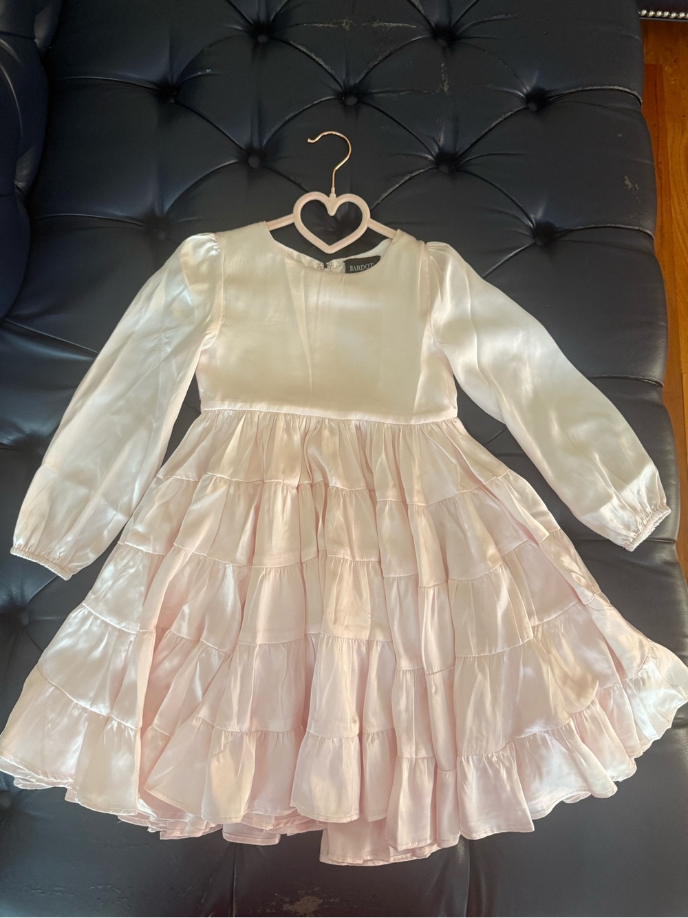 Bardot Soft Pink Satin Tiered Long-Sleeve Girls Dress
